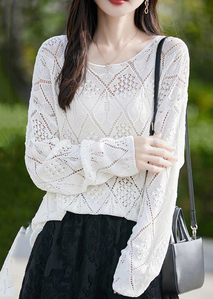 Women White O Neck Hollow Out Thin Knit Sweater Fall