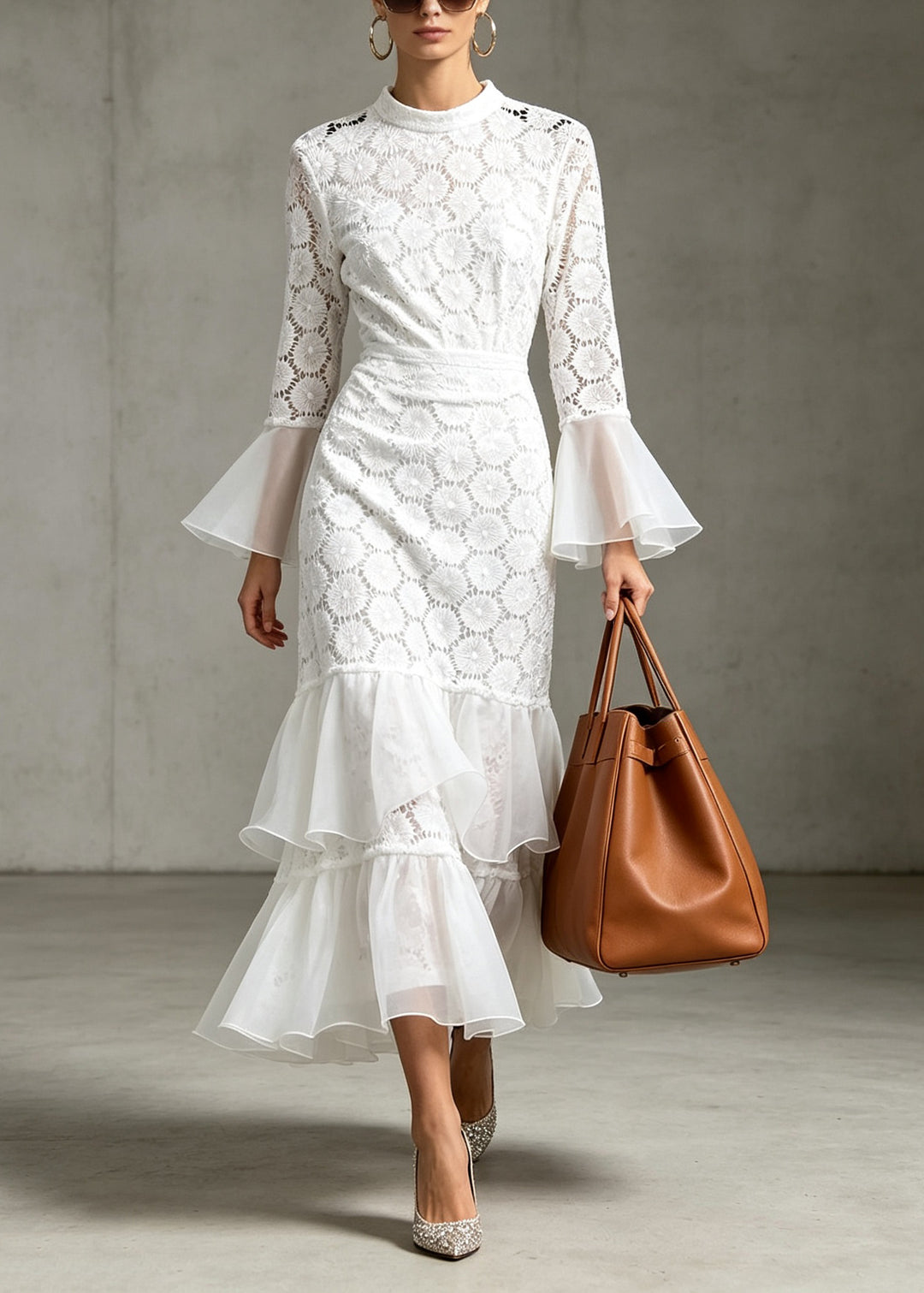 Women White O-Neck Ruffled Patchwork Lace Dress Flare Sleeve