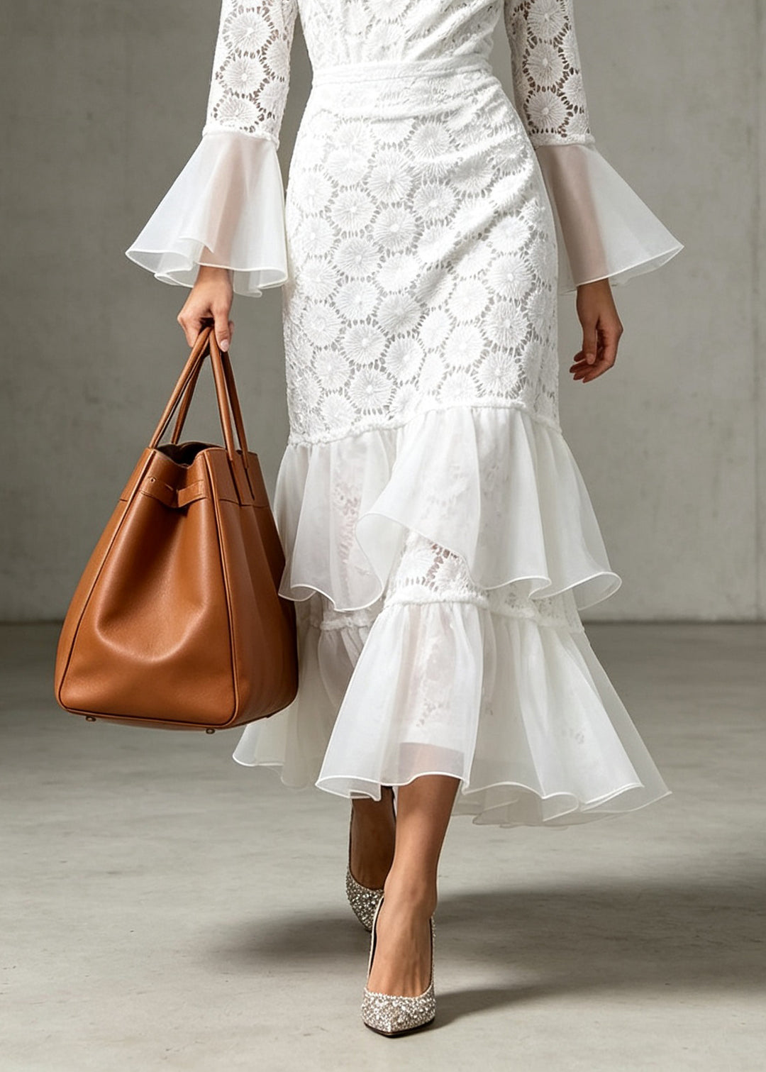 Women White O-Neck Ruffled Patchwork Lace Dress Flare Sleeve