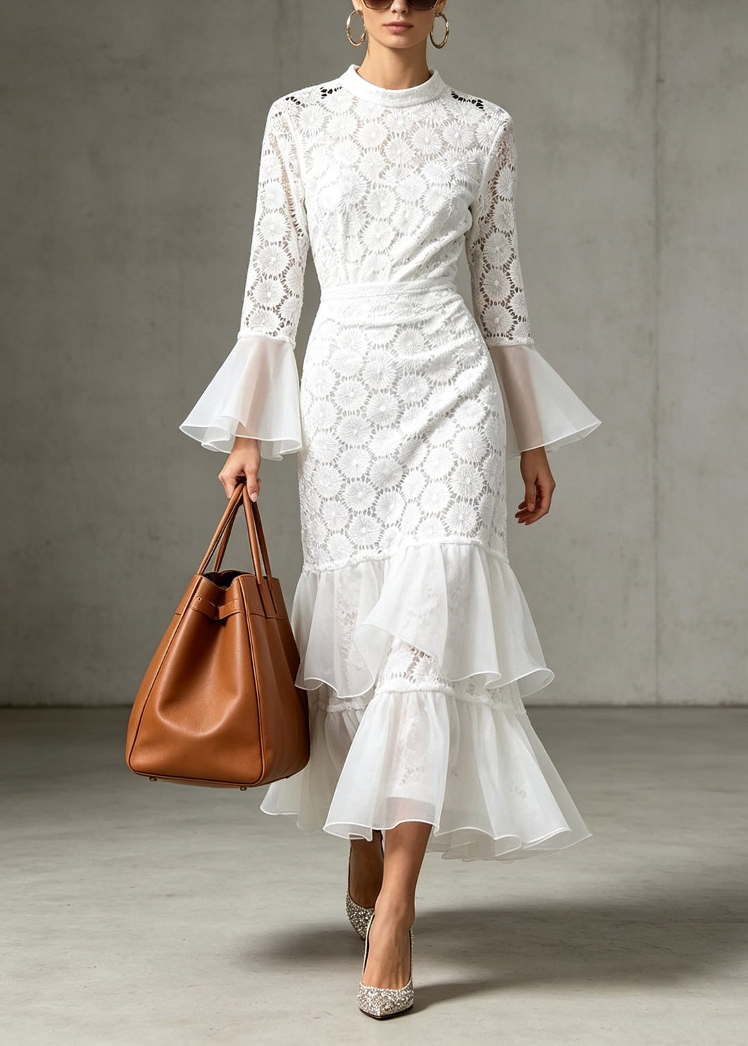 Women White O-Neck Ruffled Patchwork Lace Dress Flare Sleeve
