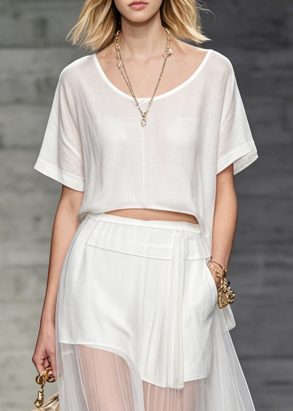 Women White O Neck T Shirt And Skirts Tulle Patchwork Two Pieces Set Summer