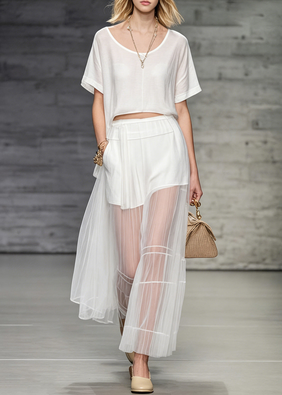 Women White O Neck T Shirt And Skirts Tulle Patchwork Two Pieces Set Summer