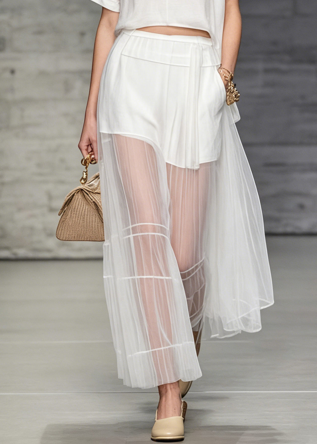 Women White O Neck T Shirt And Skirts Tulle Patchwork Two Pieces Set Summer