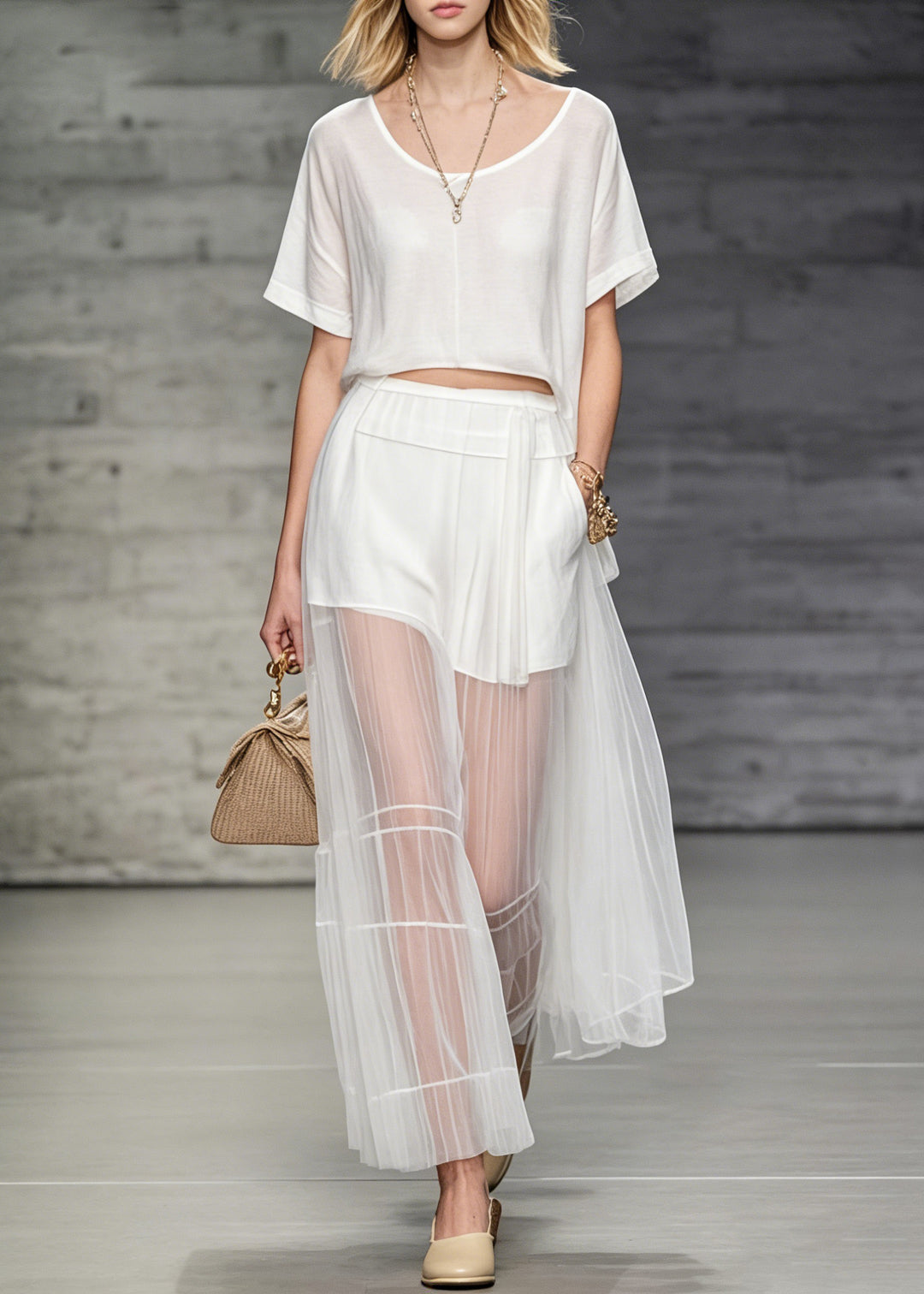 Women White O Neck T Shirt And Skirts Tulle Patchwork Two Pieces Set Summer