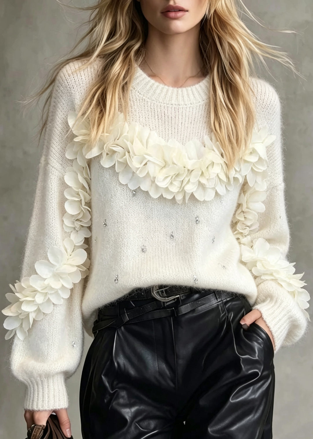 Women White O Neck Thick Floral Zircon Knit Sweaters Fall