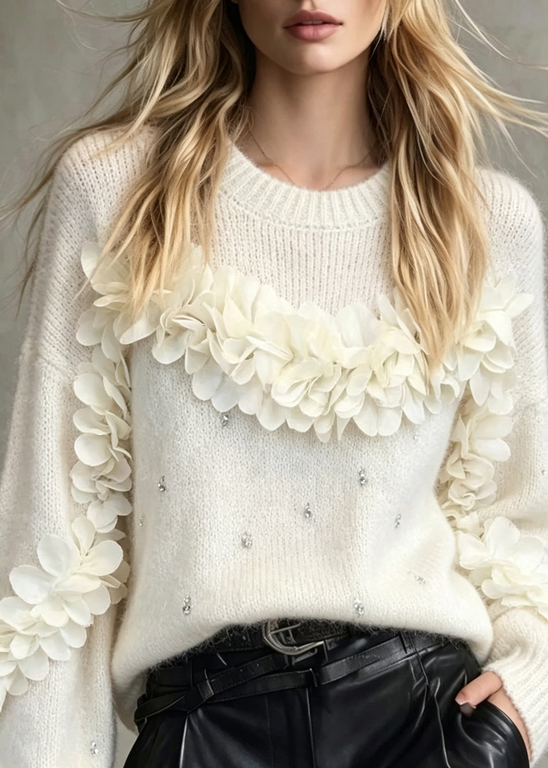 Women White O Neck Thick Floral Zircon Knit Sweaters Fall