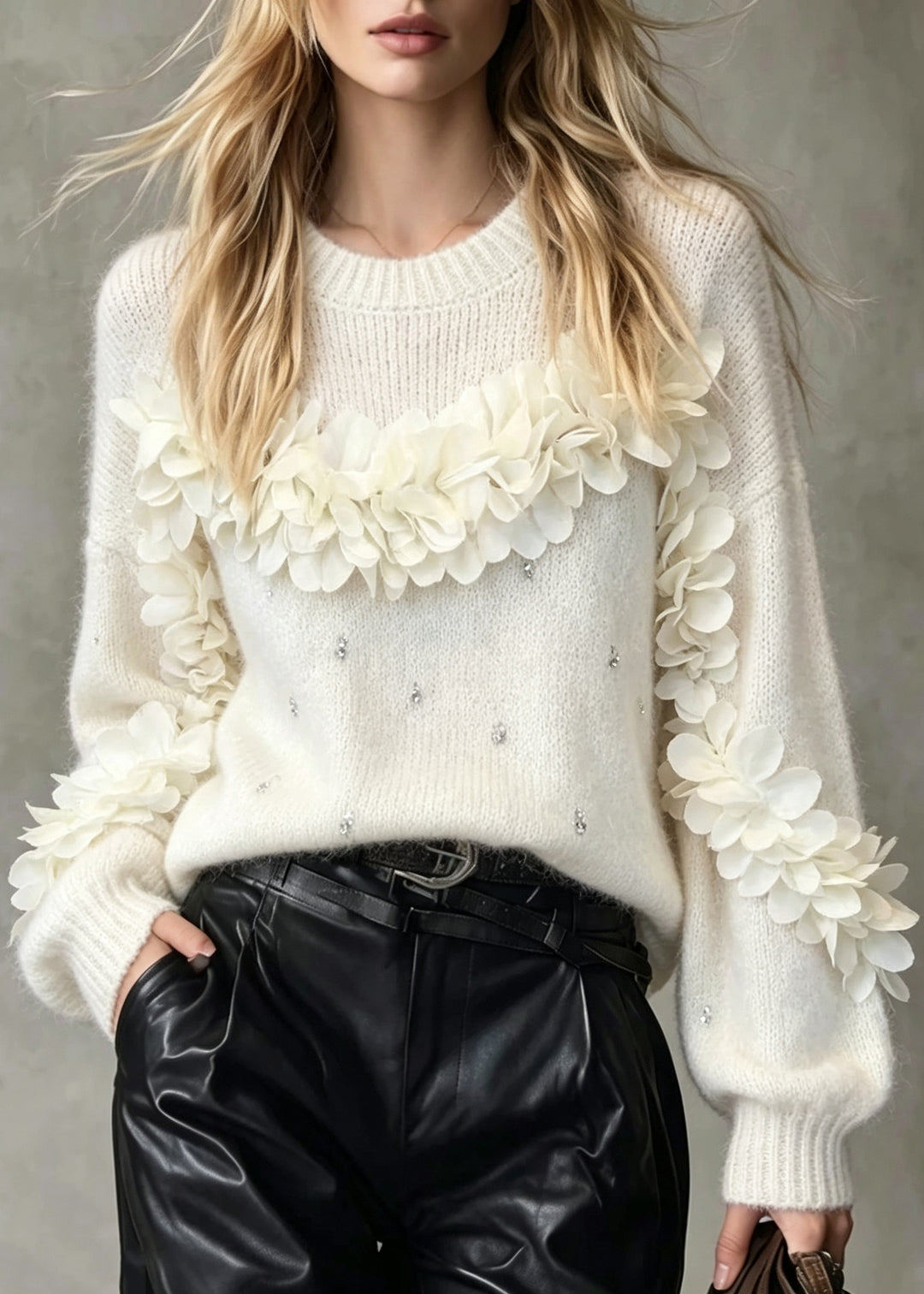 Women White O Neck Thick Floral Zircon Knit Sweaters Fall
