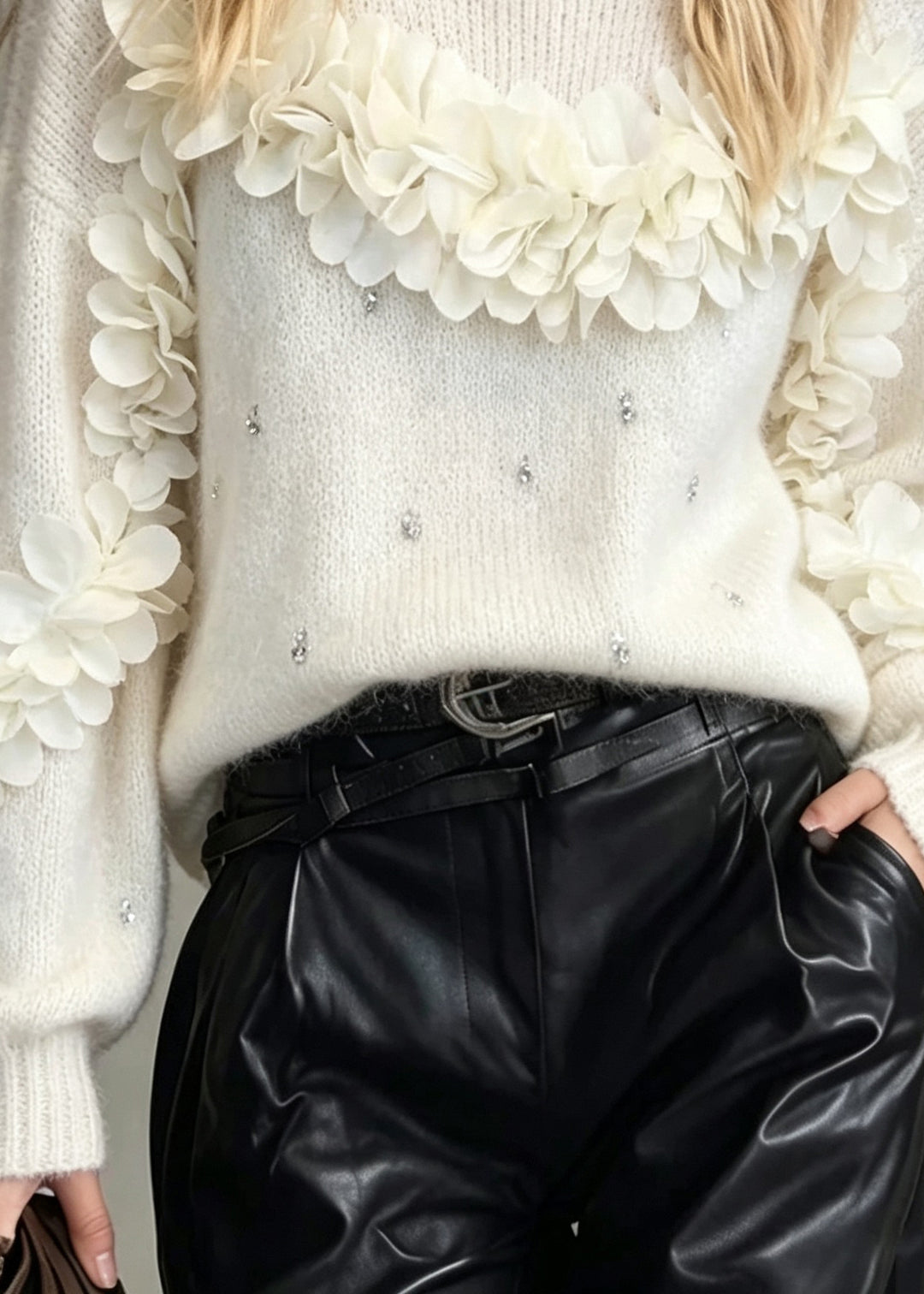 Women White O Neck Thick Floral Zircon Knit Sweaters Fall