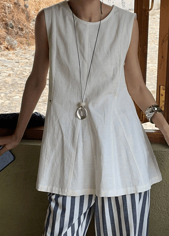 Women White O-Neck Wrinkled Linen A Line Tops Sleeveless