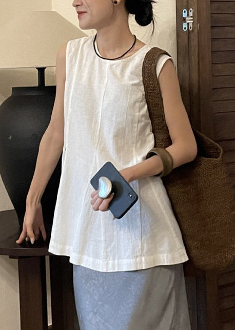 Women White O-Neck Wrinkled Linen A Line Tops Sleeveless
