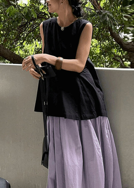 Women White O-Neck Wrinkled Linen A Line Tops Sleeveless