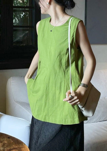 Women White O-Neck Wrinkled Linen A Line Tops Sleeveless