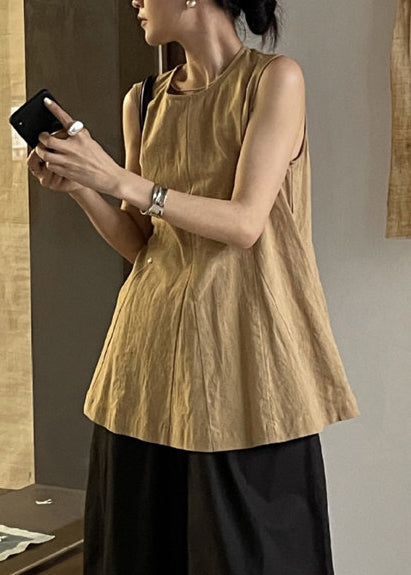 Women White O-Neck Wrinkled Linen A Line Tops Sleeveless