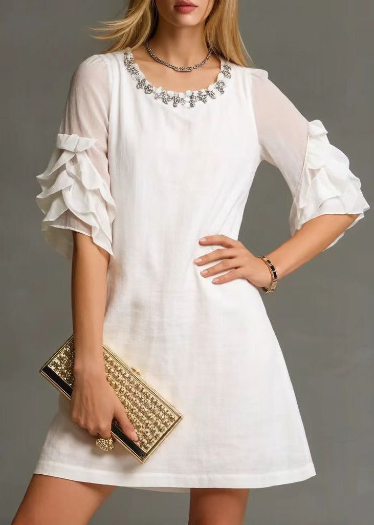Women White O-Neck Zircon Cotton Day Dress Petal Sleeve