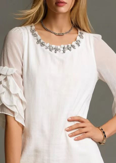 Women White O-Neck Zircon Cotton Day Dress Petal Sleeve