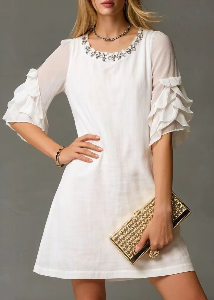 Women White O-Neck Zircon Cotton Day Dress Petal Sleeve