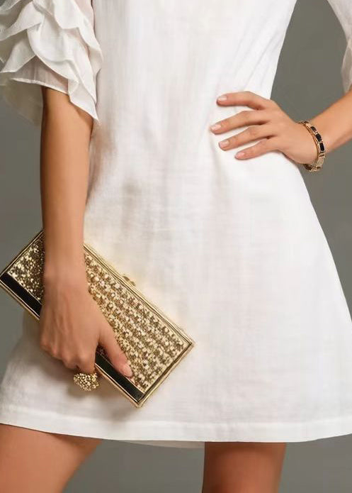 Women White O-Neck Zircon Cotton Day Dress Petal Sleeve