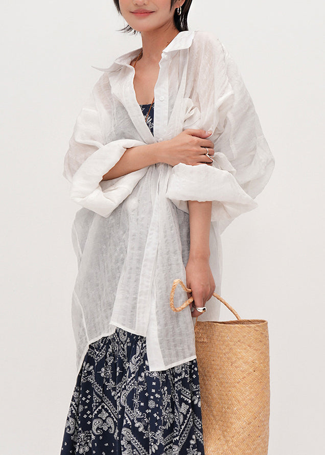 Women White Oversized Cotton UPF 50+ Shirt Summer