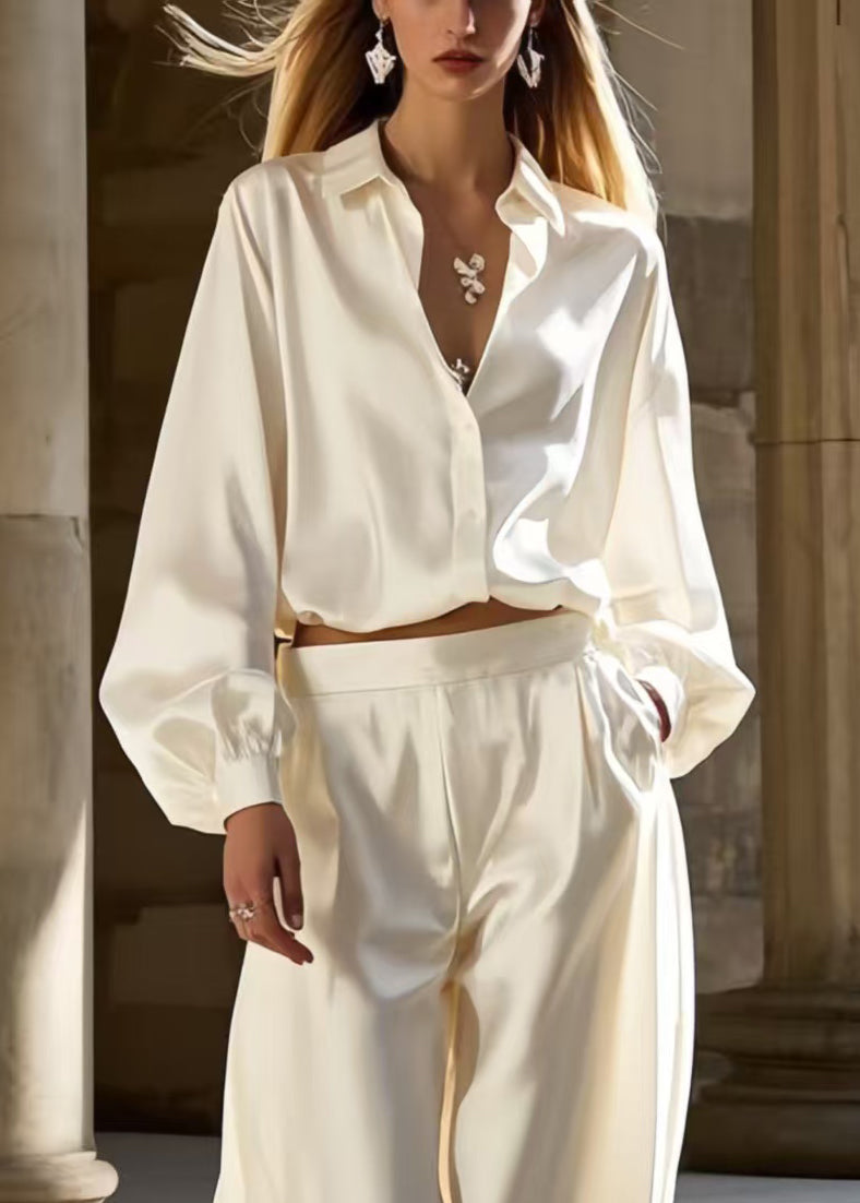 Women White Oversized Draping Ice Silk Womens Two Pieces Set Spring