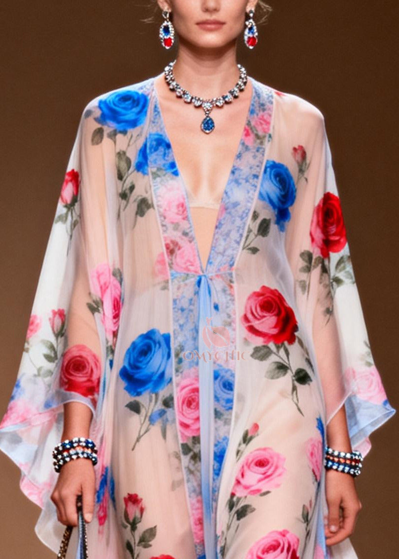 Women White Oversized Floral Print Chiffon Vacation Dresses Summer