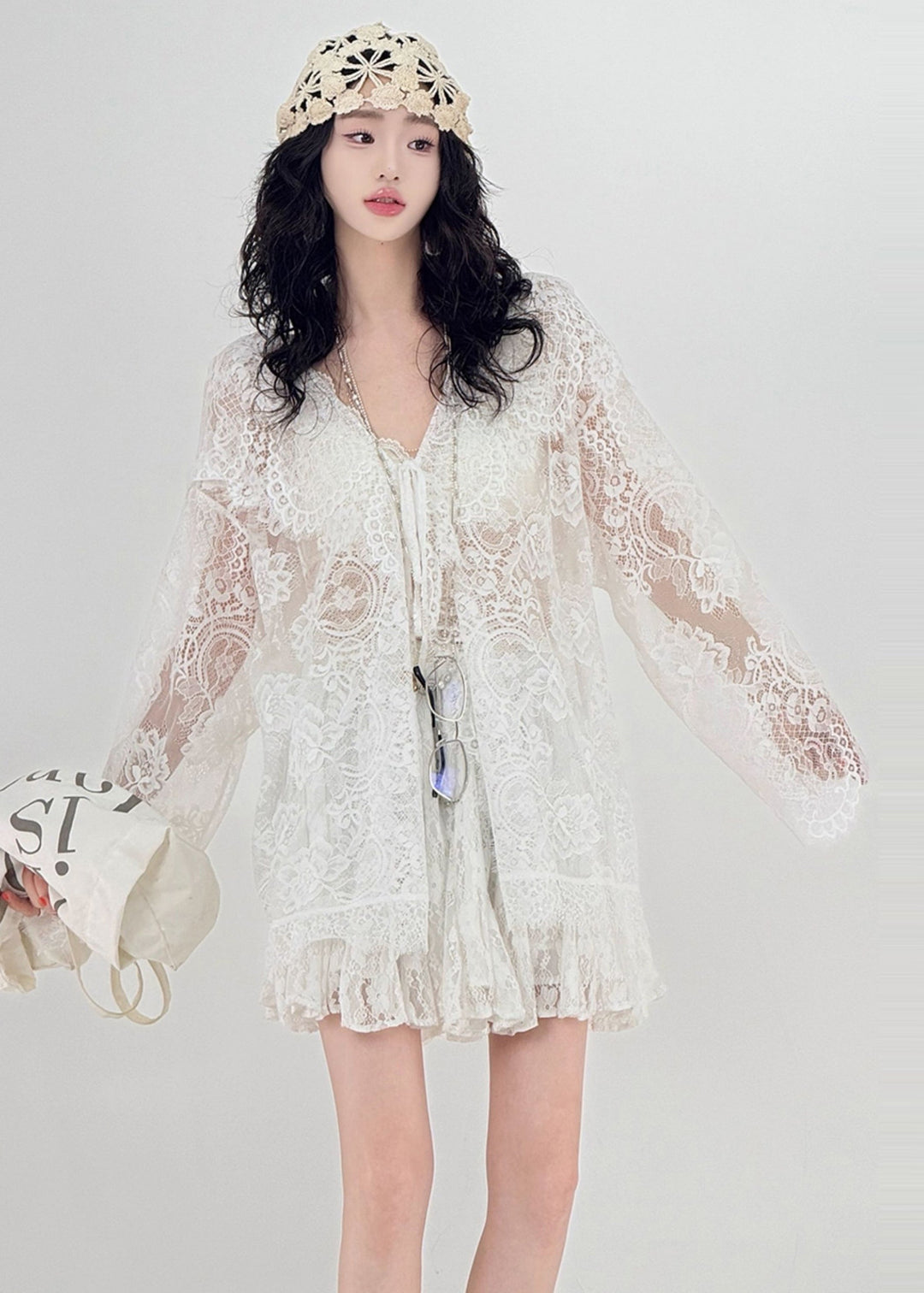 Women White Oversized Hollow Out Lace UPF 50+ Cardigan Spring