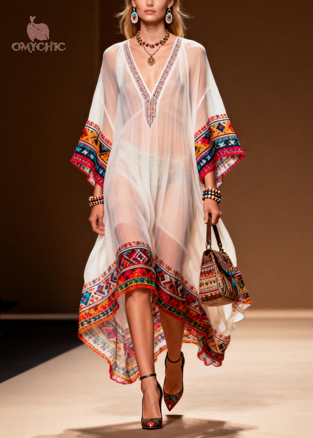 Women White Oversized Print Chiffon Maxi Dresses Summer