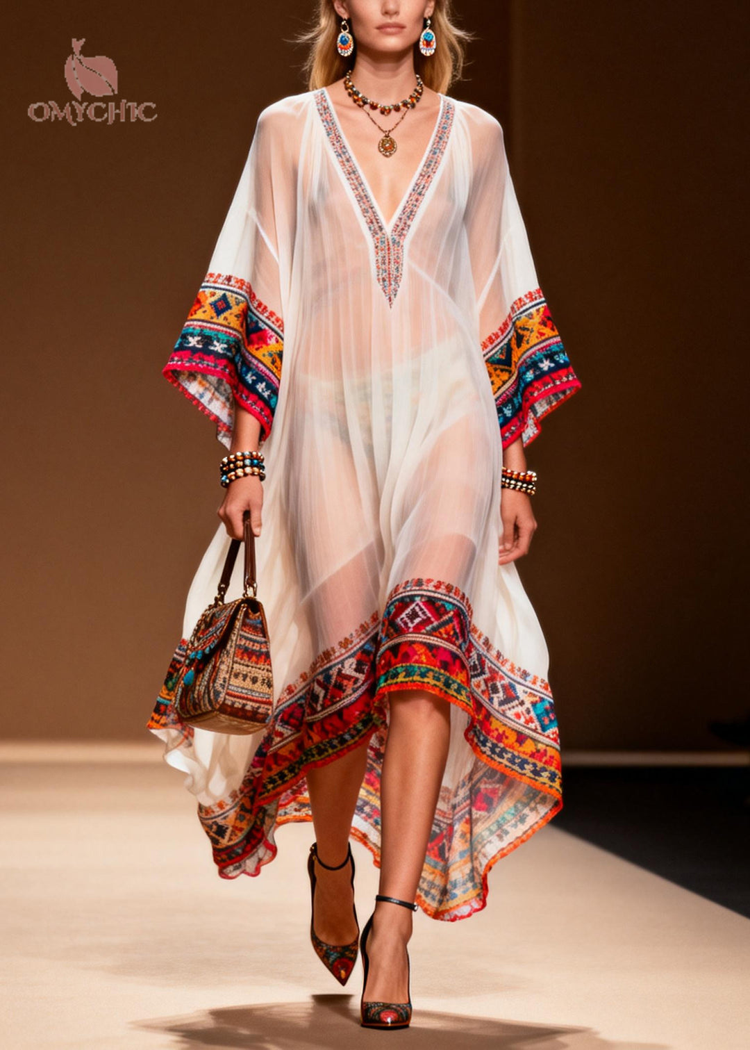 Women White Oversized Print Chiffon Maxi Dresses Summer