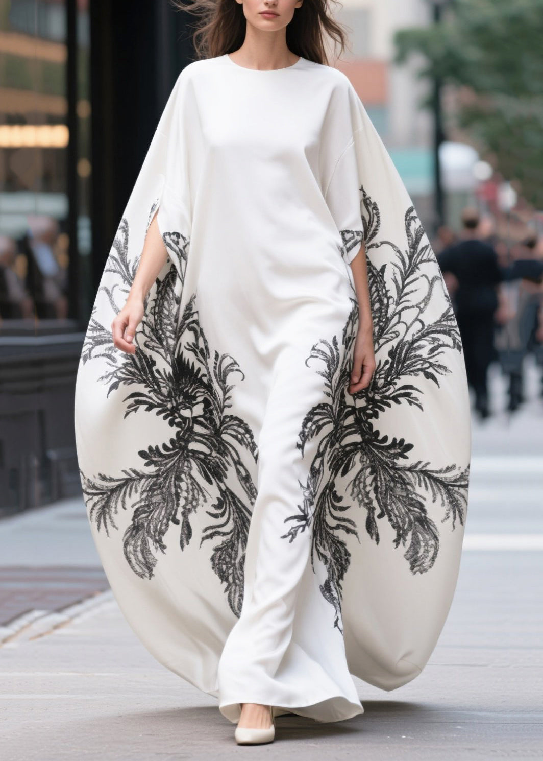 Women White Oversized Print Cotton Vacation Dresses Batwing Sleeve