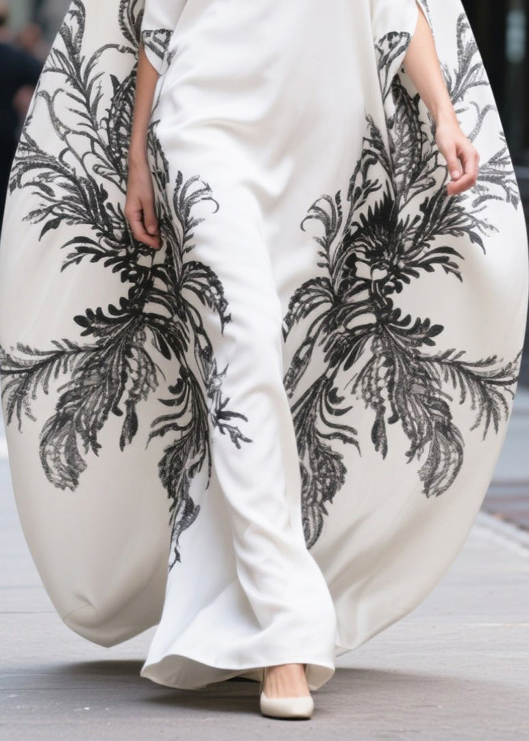 Women White Oversized Print Cotton Vacation Dresses Batwing Sleeve