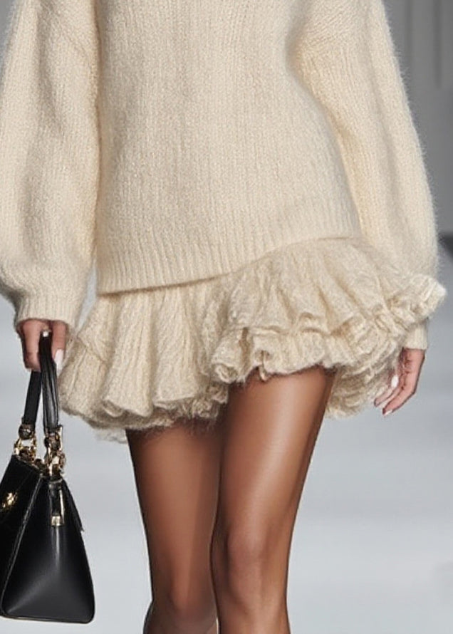 Women White Oversized Warm Knit Sweater And Skirt Two Pieces Set Spring