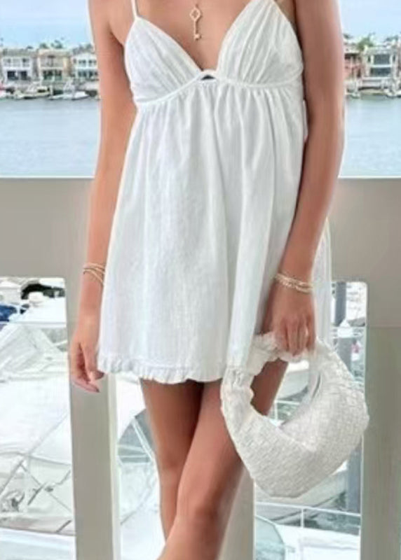Women White Patchwork Spaghetti Strap Mid Dress Sleeveless