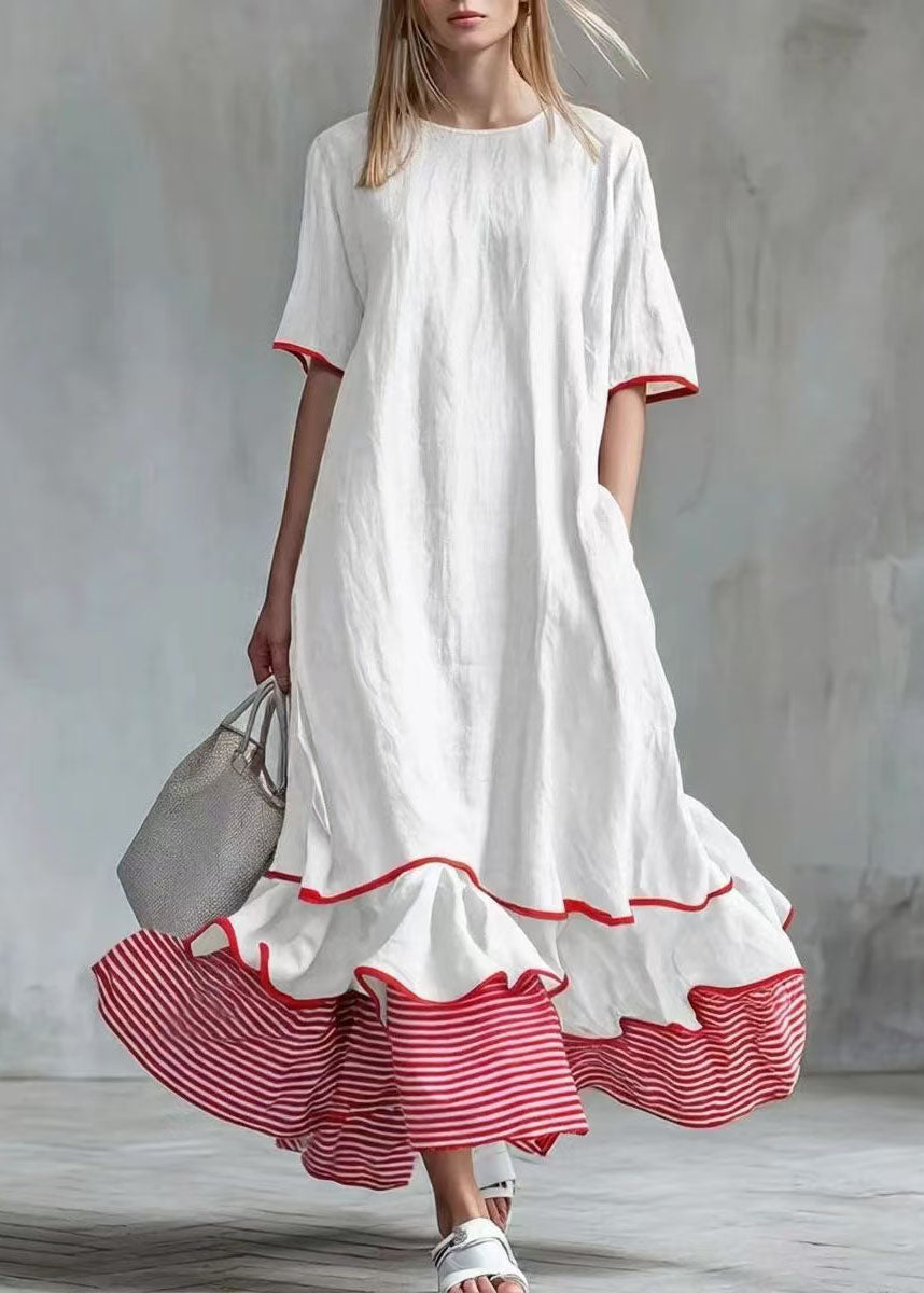 Women White Patchwork Striped Exra Large Hem Cotton Long Dress Summer
