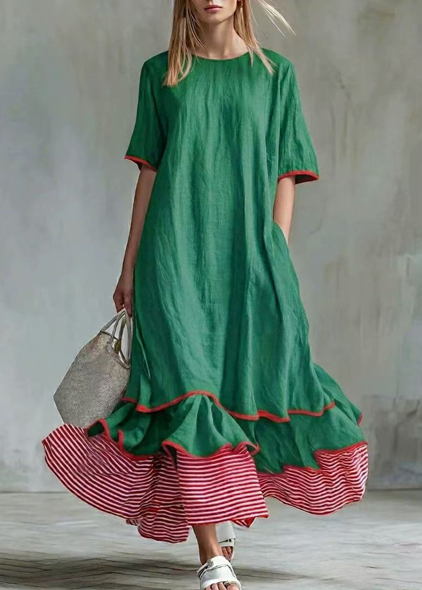 Women White Patchwork Striped Exra Large Hem Cotton Long Dress Summer