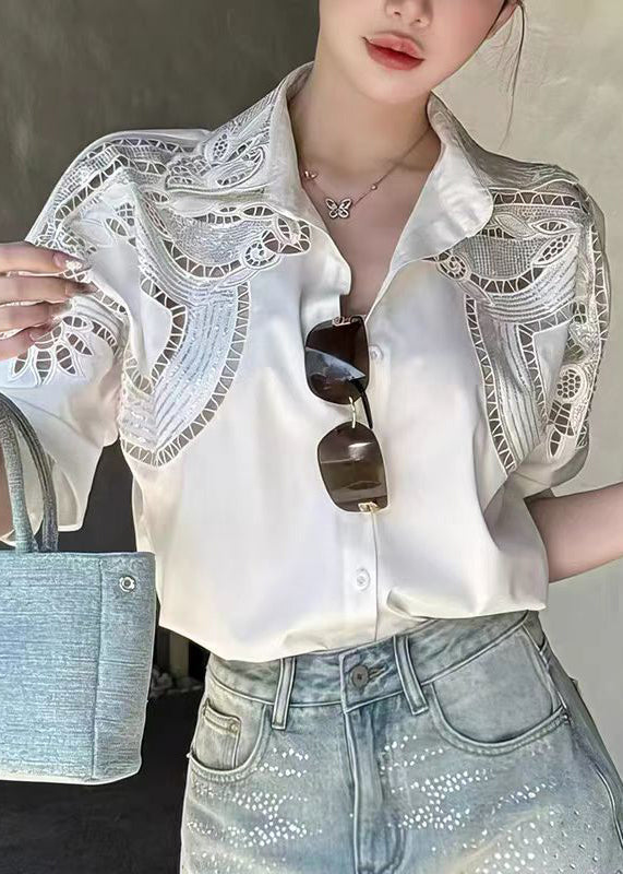 Women White Peter Pan Collar Hollow Out Cotton Blouses Fall