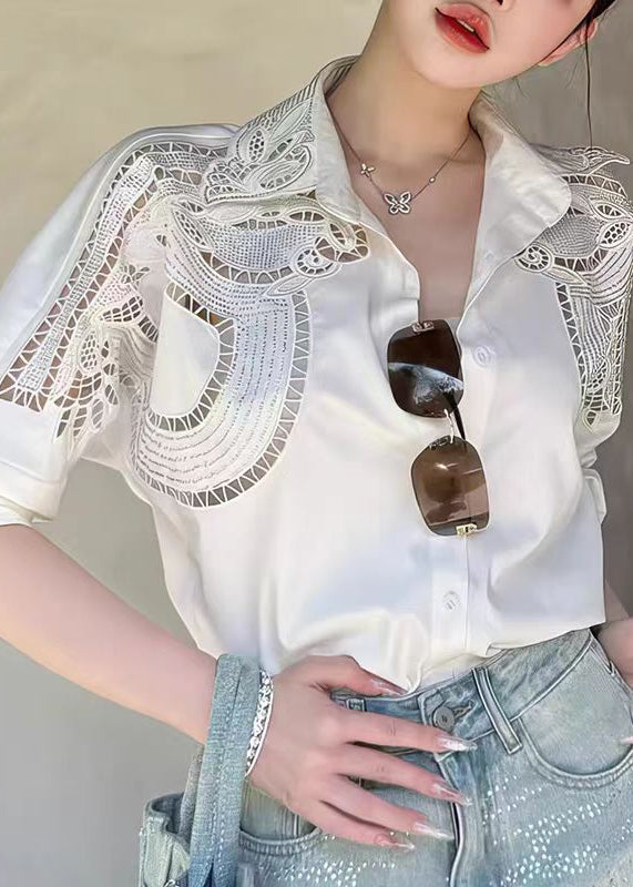 Women White Peter Pan Collar Hollow Out Cotton Blouses Fall