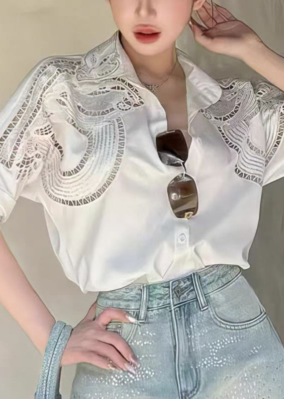 Women White Peter Pan Collar Hollow Out Cotton Blouses Fall