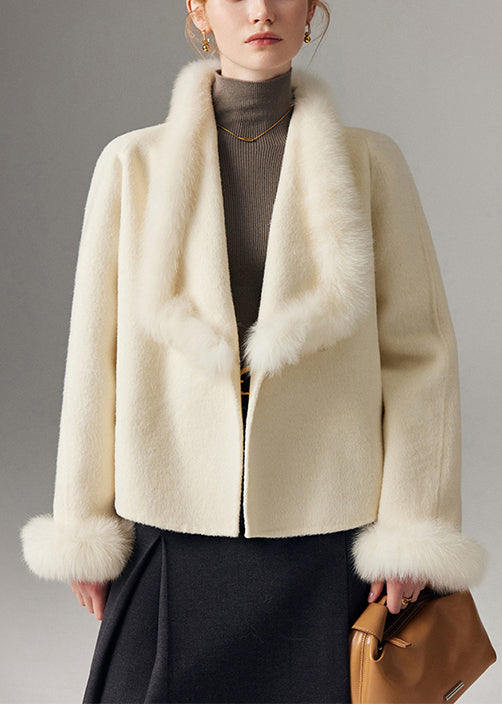 Women White Peter Pan Collar Patchwork Fox Fur Wool Cardigan Winter