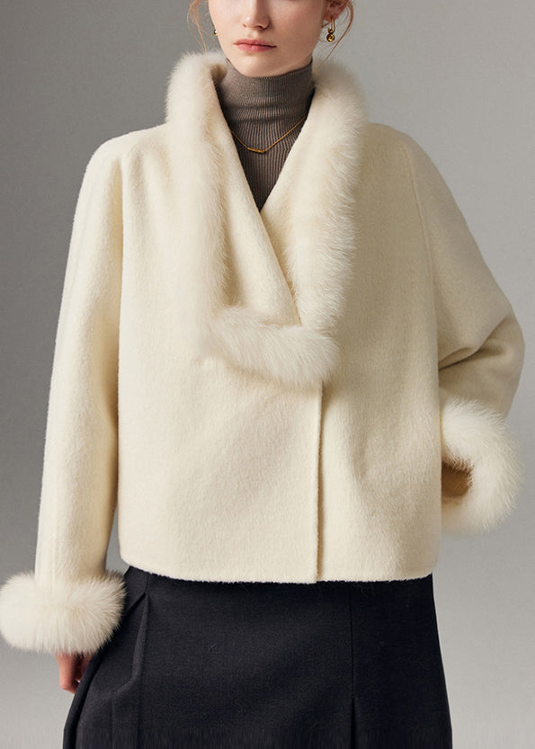 Women White Peter Pan Collar Patchwork Fox Fur Wool Cardigan Winter