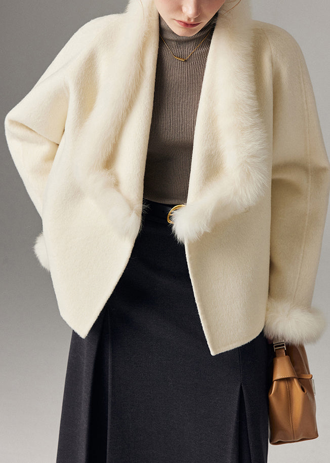 Women White Peter Pan Collar Patchwork Fox Fur Wool Cardigan Winter