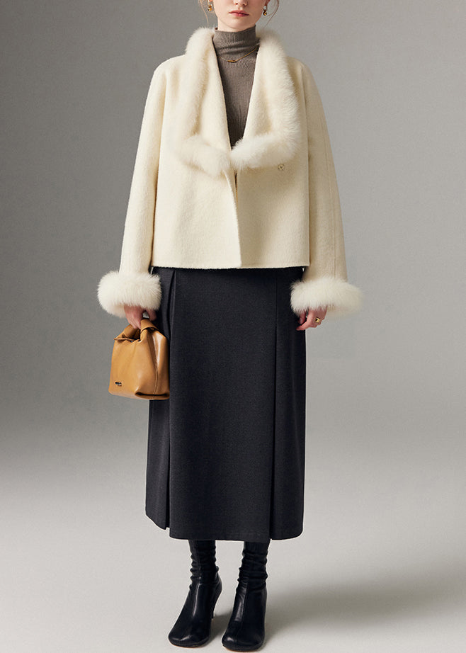 Women White Peter Pan Collar Patchwork Fox Fur Wool Cardigan Winter