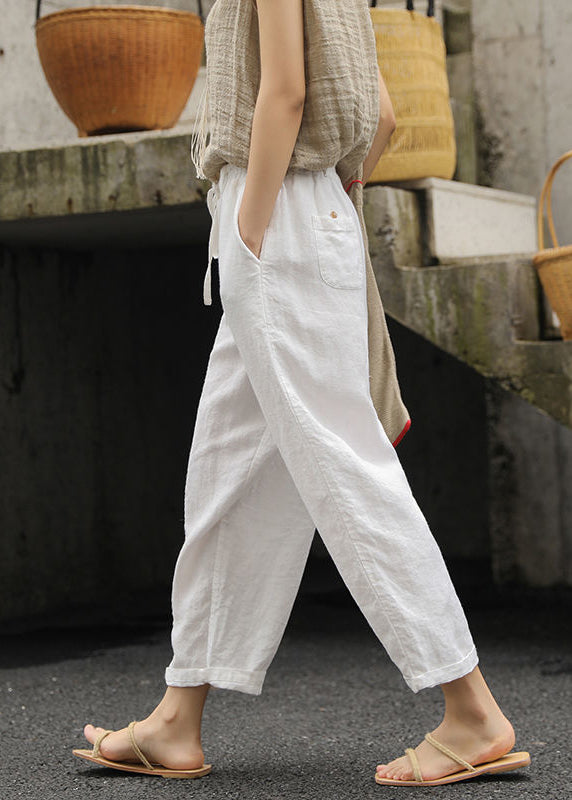 Women White Pockets Elastic Waist Cotton Pants Summer