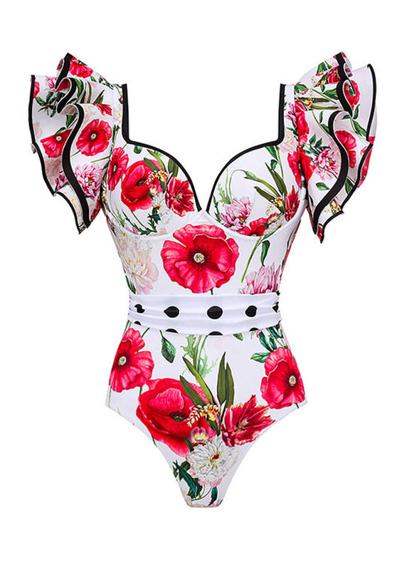 Women White Print Ruffled Bodysuits And Maxi Skirts Pajama Sets Swimwear
