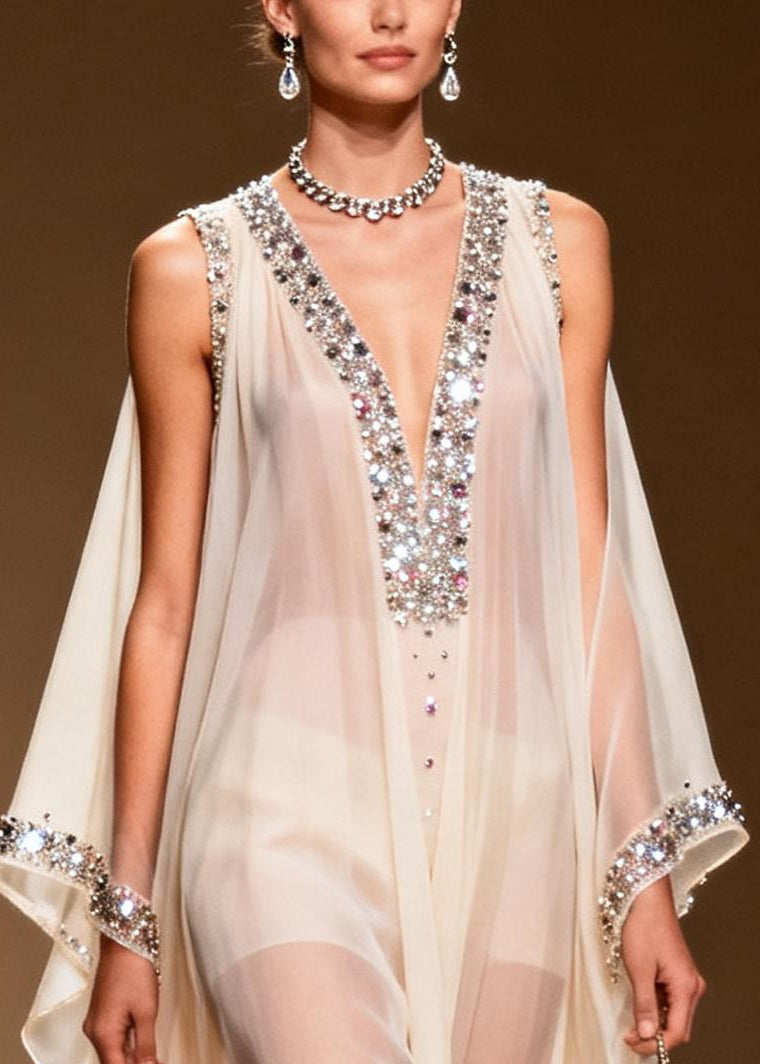Women White Rhinestone Draping Chiffon Sheer Dress Sleeveless