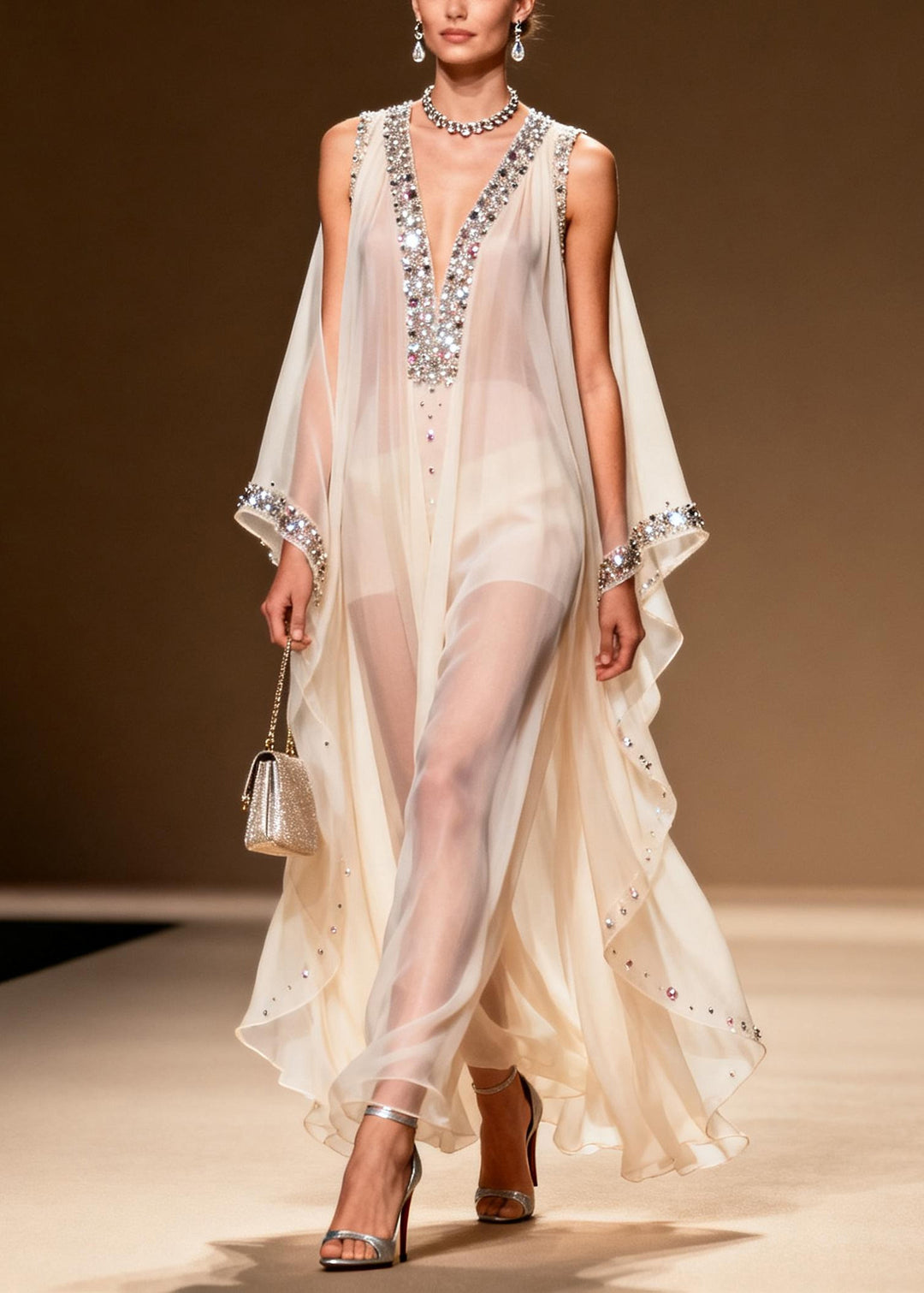 Women White Rhinestone Draping Chiffon Sheer Dress Sleeveless