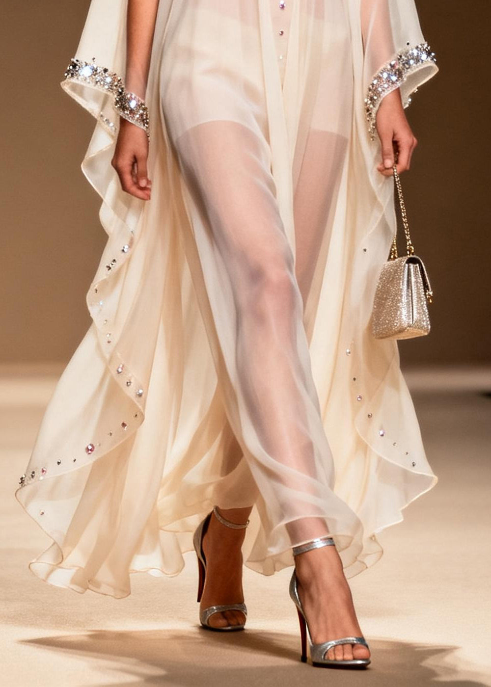 Women White Rhinestone Draping Chiffon Sheer Dress Sleeveless