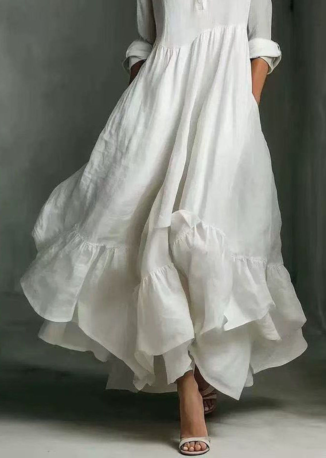 Women White Ruffled Asymmetrical Exra Large Hem Dress Summer