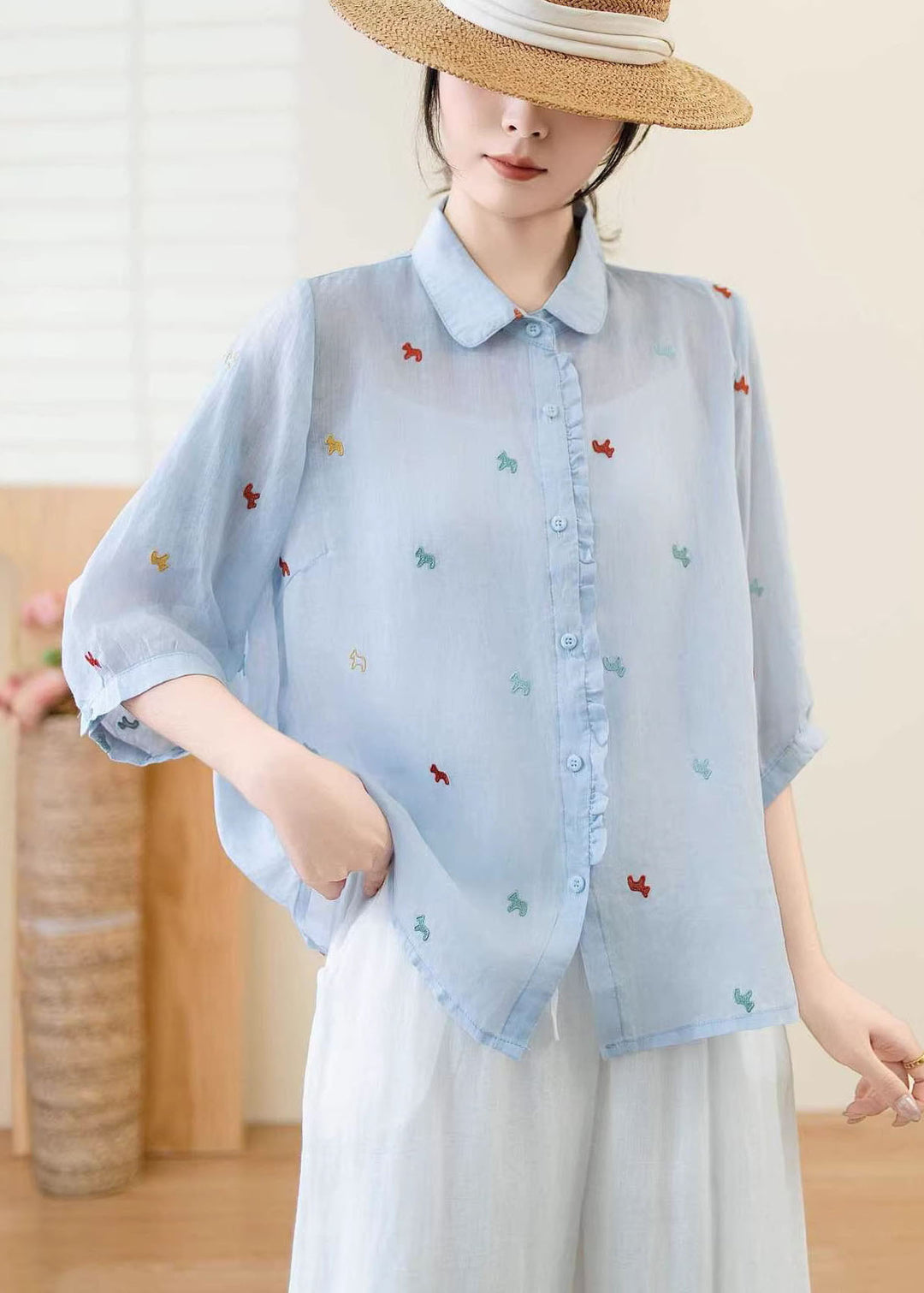 Women White Ruffled Embroidered Linen Blouse Top Summer