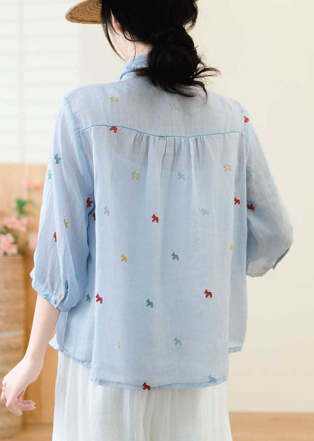 Women White Ruffled Embroidered Linen Blouse Top Summer