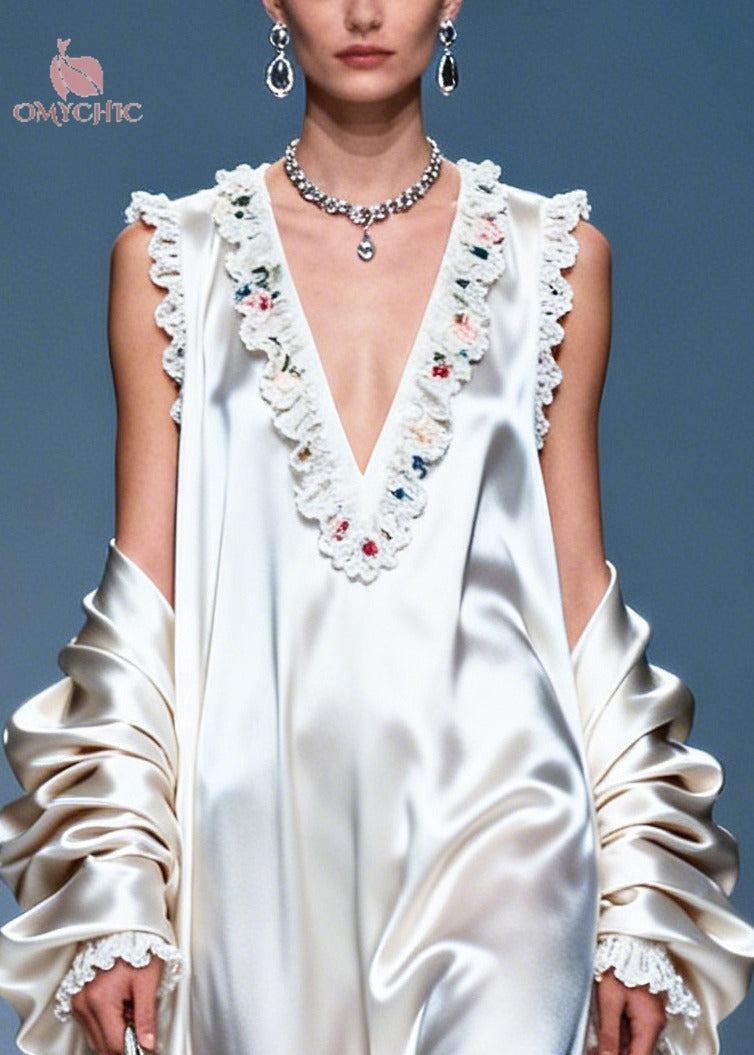 Women White Ruffled Exra Large Hem Silk Party Dress Summer