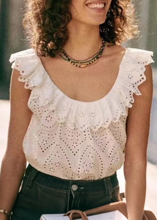 Women White Ruffled Hollow Out Cotton Beach Vest Sleeveless